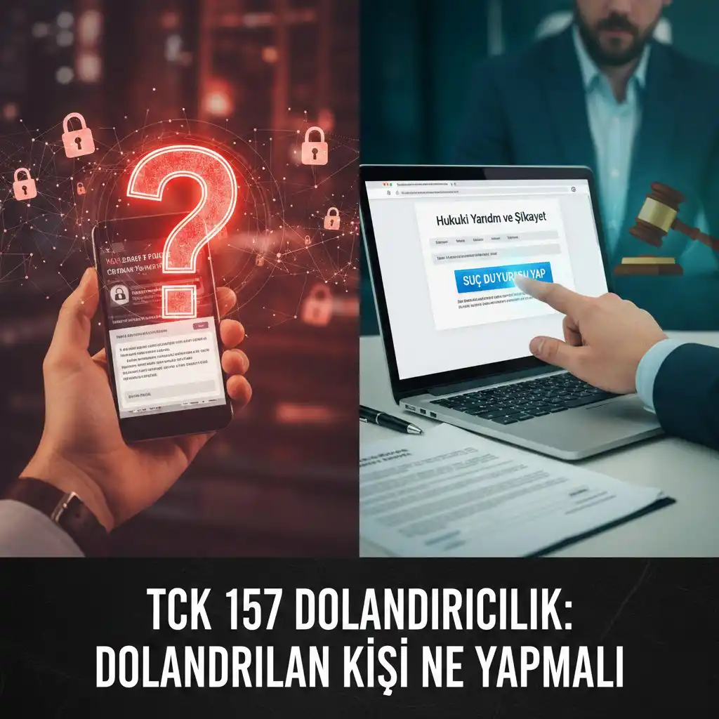 TCK 157 dolandırıcılık suçu ve hukuki süreç illüstrasyonu. Bir elinde dolandırıcılık mesajı olan telefon, diğer yanda bilgisayar başında suç duyurusu yapan kişi.
