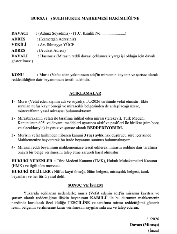 2026 Yılı Güncel Reddi Miras Dilekçe Örneği - Bursa Reddi Miras Avukatı Rehberi